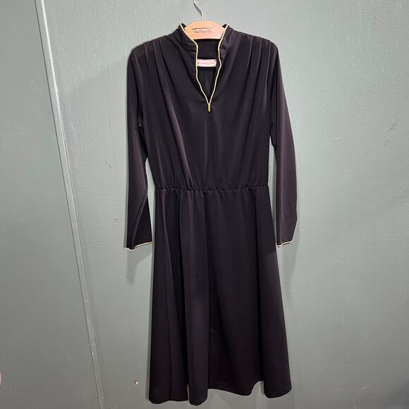 Vintage Landou Black Dress Size 10 Gold Trim Long Sleeve Midi - Picture 8 of 9